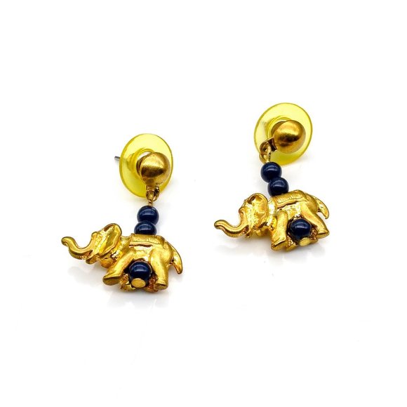 Vintage Gold Tone Elephant Earrings, Dangle Drop with Blue Beads and Lucky Trunk - Picture 2 of 3